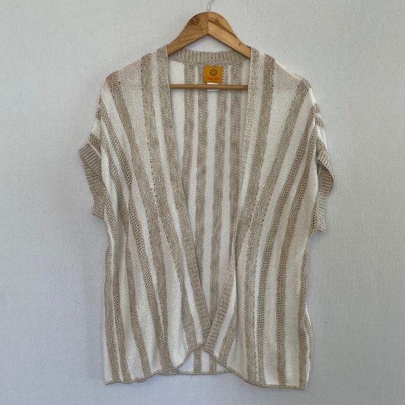RUBY RD. Women’s Size Large Open Front Knit Cardigan Tan & Ecru Short Sleeve - Picture 1 of 5